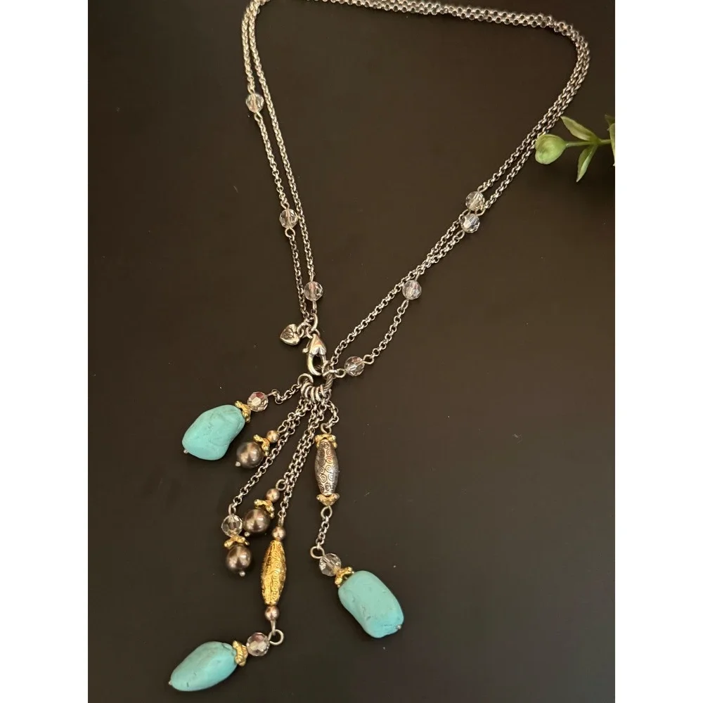 Brighton Turquoise Pearl Silver Gold Tone Tassel Necklace 17.5